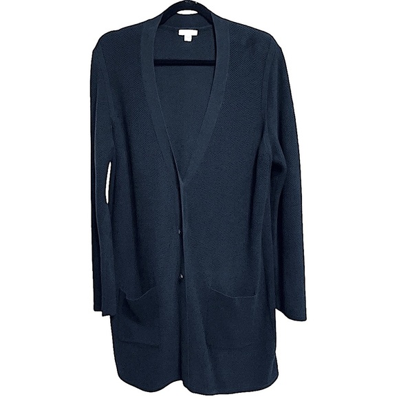 J Jill Navy Blue Cardigan Sweater Textural Knit Button Front Cotton Pockets Sz L - Picture 1 of 10